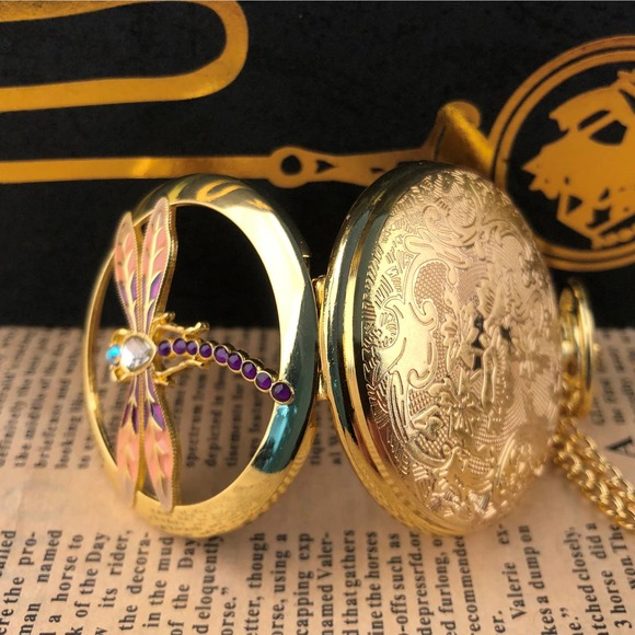 Dragonfly NEW Pocket Watch Dragon Fly Insect Gold Crystal Jewel - Picture 3 of 5